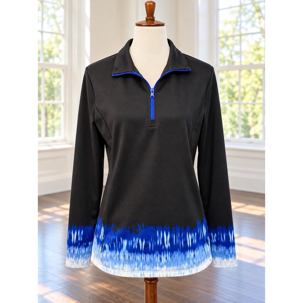 T By Talbots LP UPF 50+ Black Blue Tie Dye Quarter Zip Pullover Top
